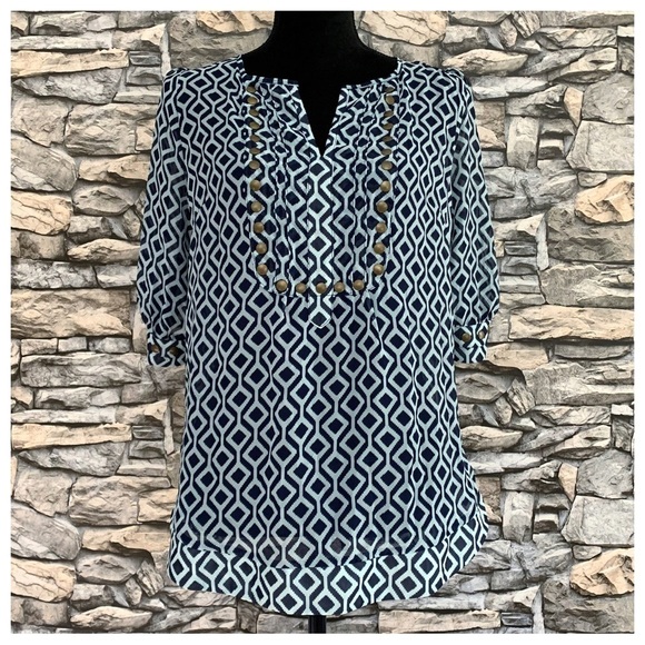 #70 41 Hawthorn Navy Sheer Jeweled Embellished Split Neck Blouse Shirt Top Small - Picture 1 of 3